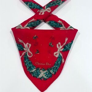 WOMEN HANDKERCHIEF CHRISTIAN DIOR Red Holiday Wreath Bow Scarf Bandan COTTON 18”